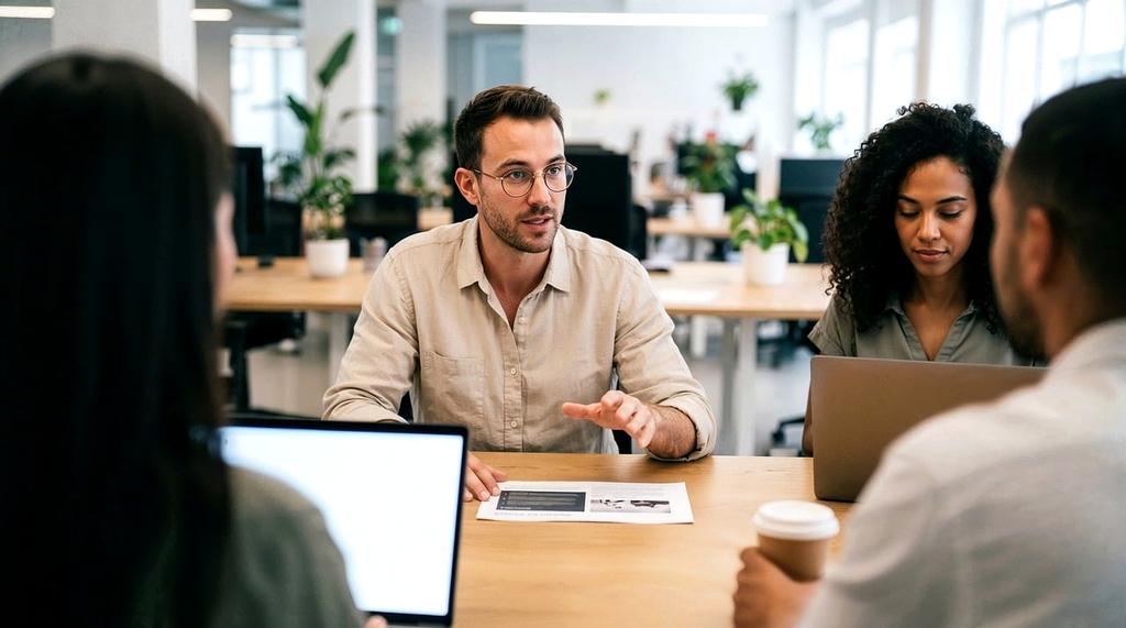 Modern office environment with team collaborating